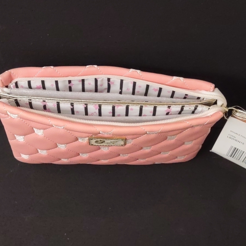 LUV BETSEY by BETSEY Johnson Double pouch wristlet embroidered Cat face Coral - Picture 4 of 8